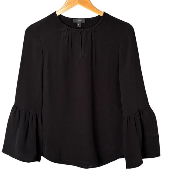 J. Crew Tops - J.Crew 100% Silk Bell Sleeve Blouse Black Keyhole Career Size 0